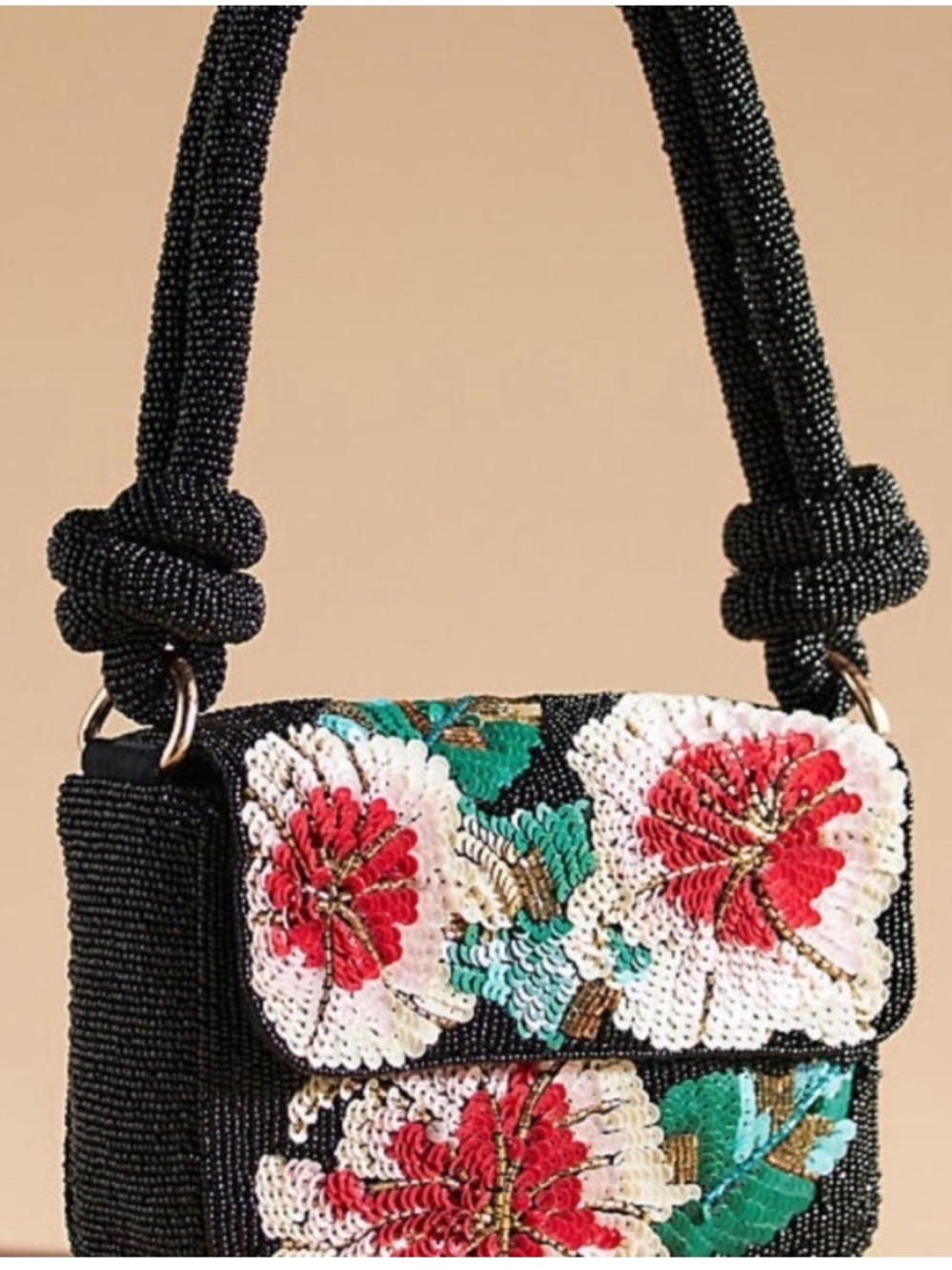 Anthropologie Fiona Knot Bag - Black with Red & Green & Gold flowers